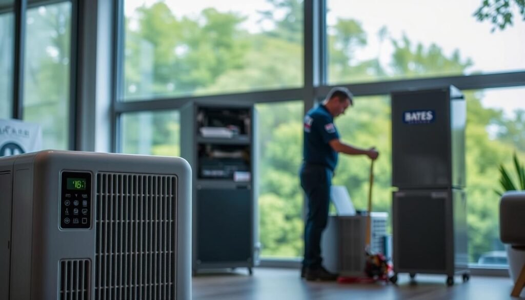 A well-lit, modern indoor environment with Bates Heating & Air HVAC equipment prominently displayed. The foreground features a clean, high-efficiency air purifier with an intuitive control panel. In the middle ground, a technician in a Bates uniform performs maintenance on a sleek, energy-efficient furnace unit. The background showcases large windows overlooking a lush, green outdoor landscape, symbolizing the connection between indoor and outdoor air quality. Soft, diffused lighting creates a sense of comfort and wellbeing. The overall scene conveys a message of reliable, effective indoor air quality solutions provided by Bates Heating & Air.